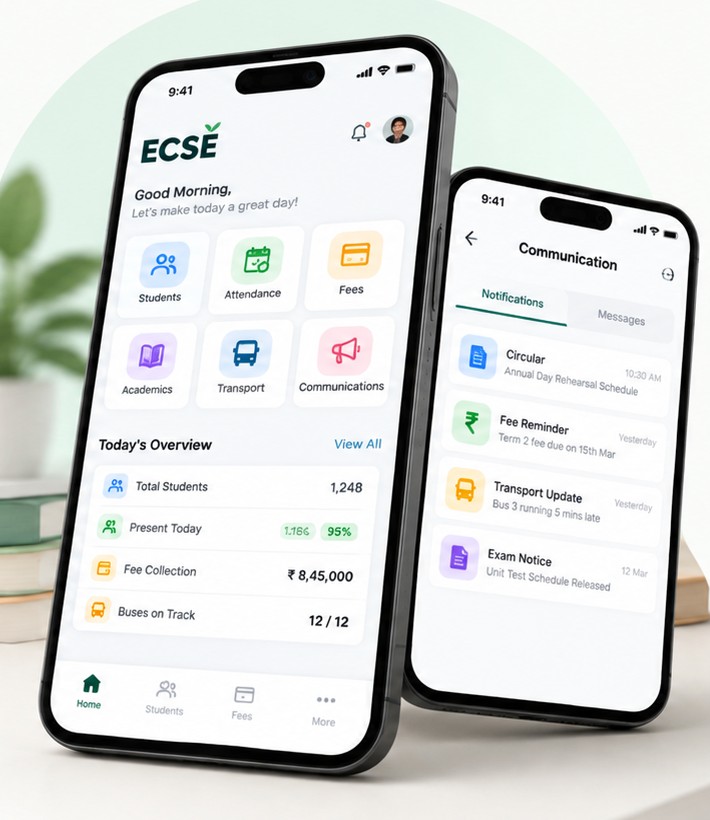 ECSE app dashboard and communication screens on mobile